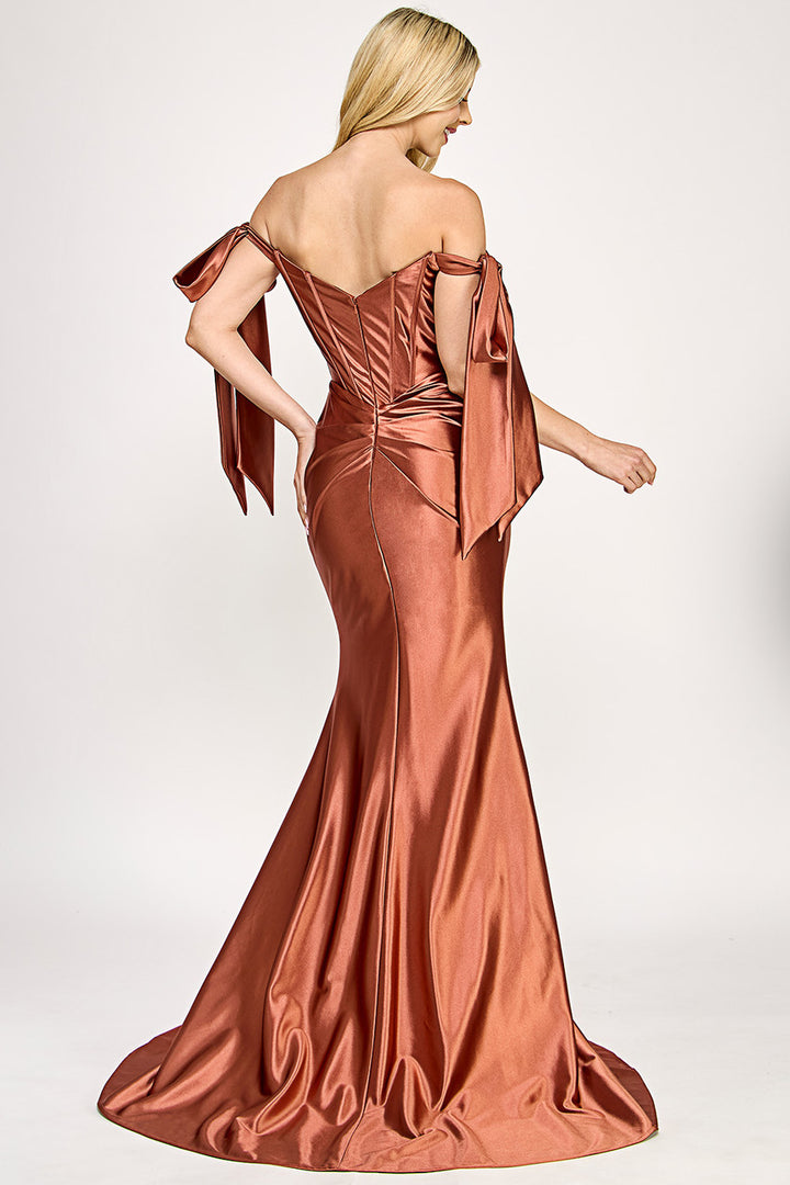 Ribbon Off Shoulder Corset Slit Gown by Lenovia 8401