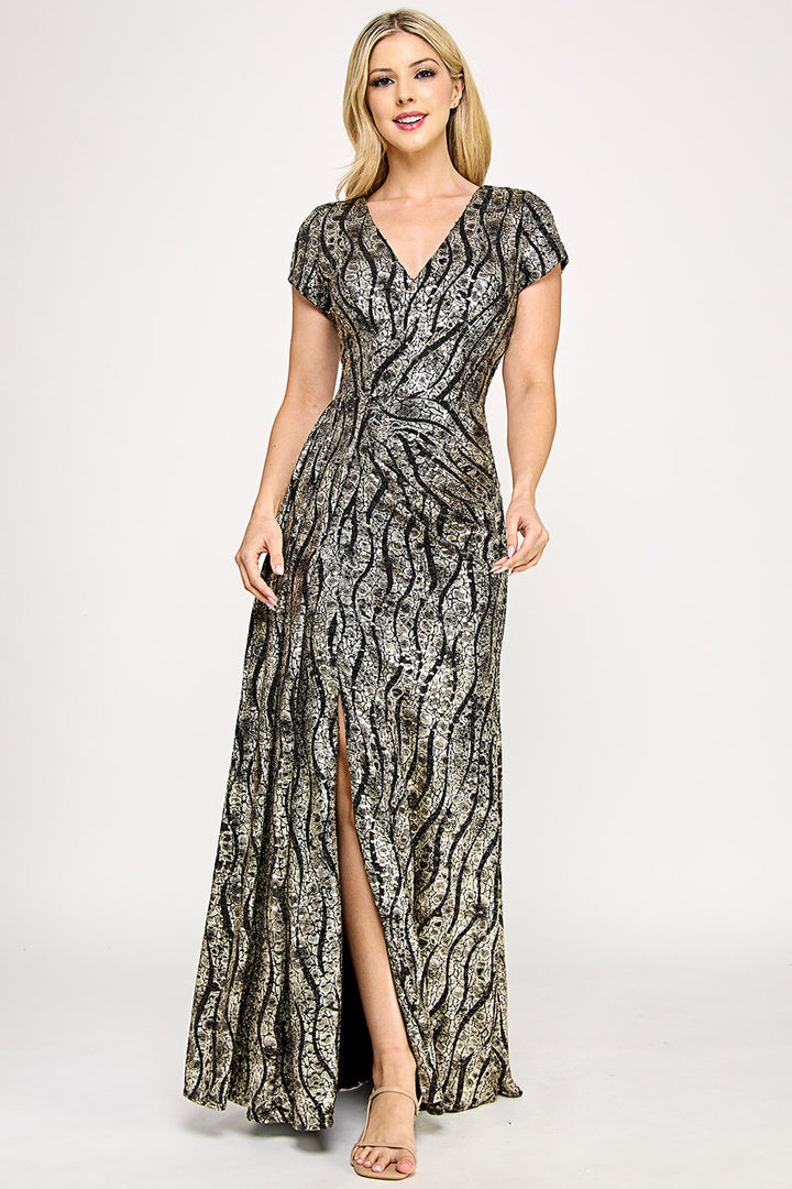 Metallic Print Short Sleeve Slit Gown by Lenovia 5331