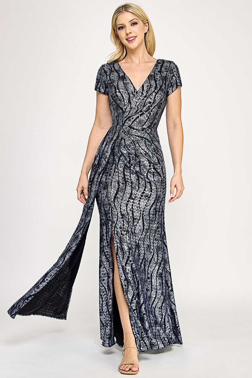 Metallic Print Short Sleeve Slit Gown by Lenovia 5331