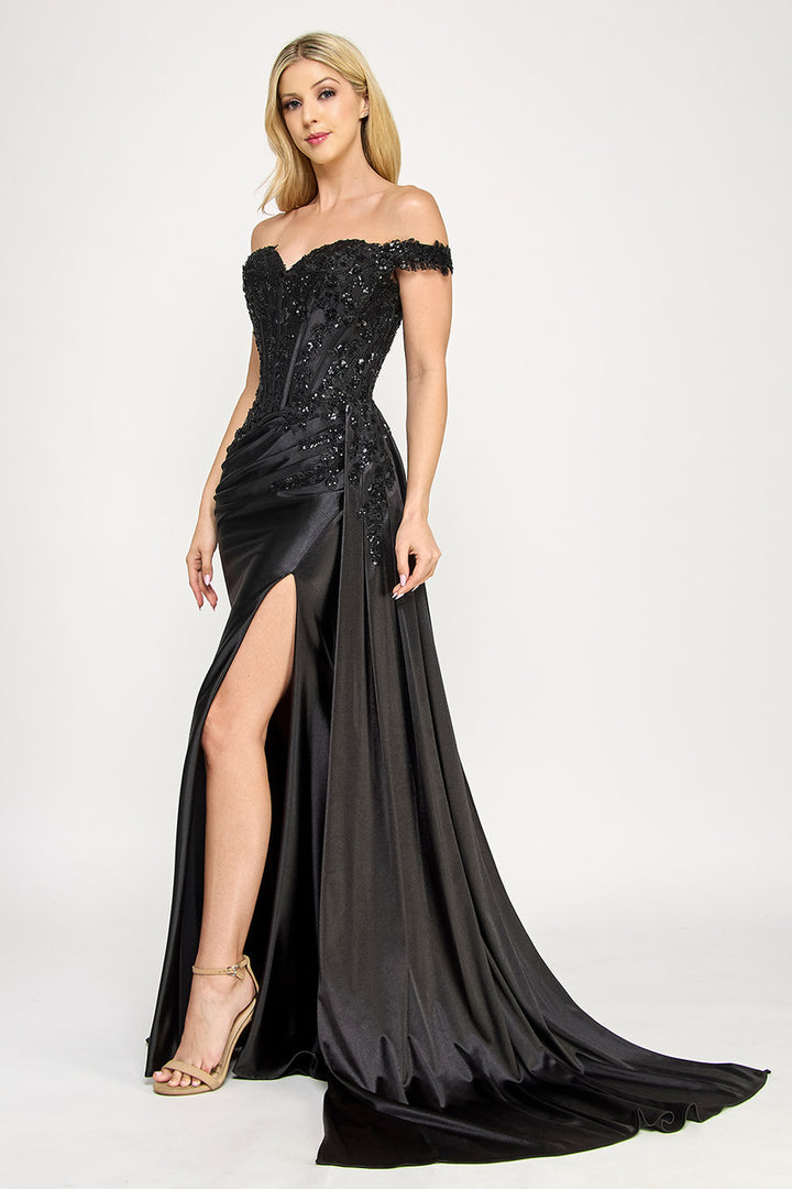Applique Off Shoulder Slit Gown by Lenovia 8397