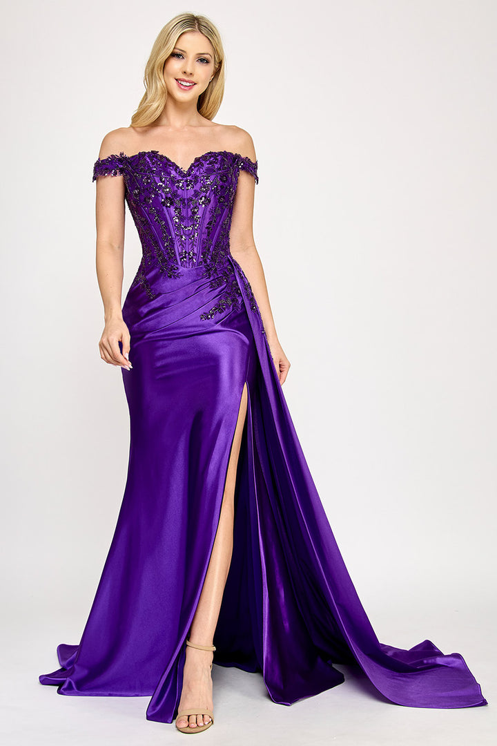 Applique Off Shoulder Slit Gown by Lenovia 8397