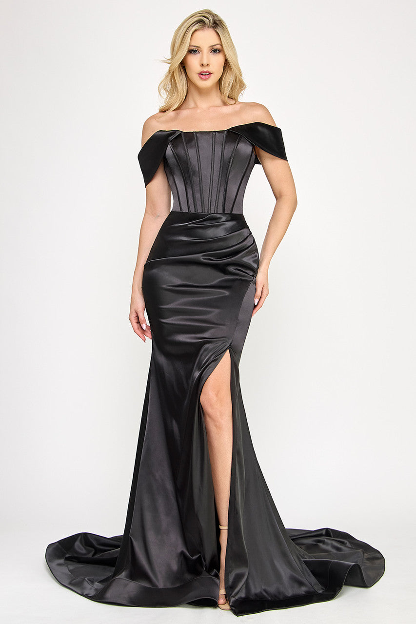 Sateen Off Shoulder Corset Slit Gown by Lenovia 8359