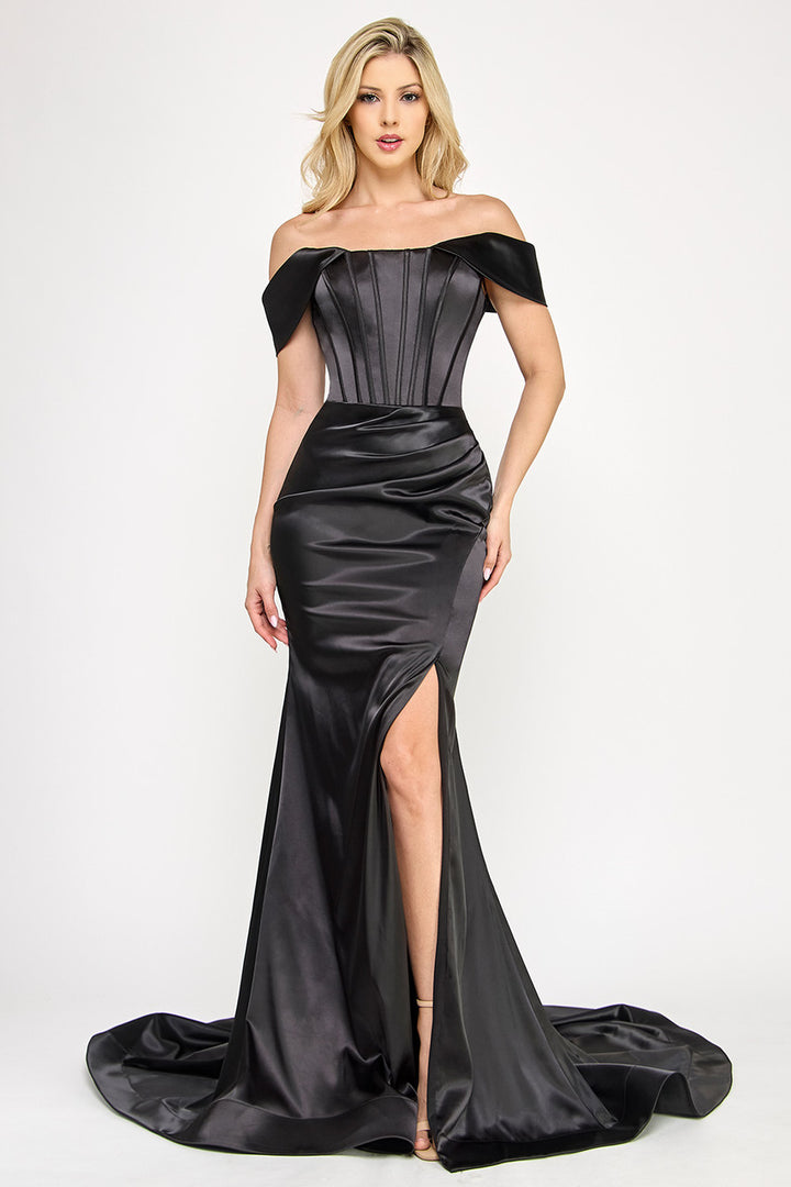 Sateen Off Shoulder Corset Slit Gown by Lenovia 8359