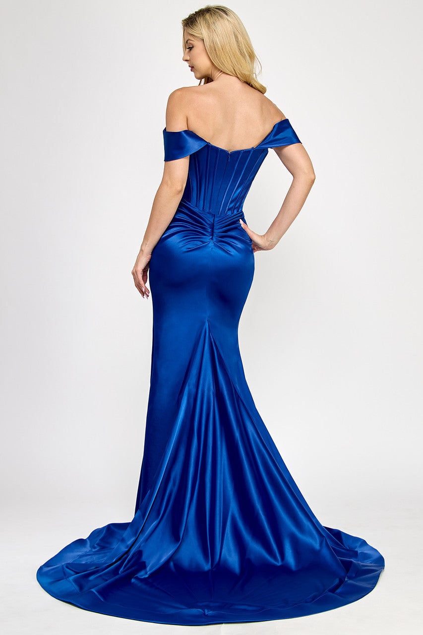 Sateen Off Shoulder Corset Slit Gown by Lenovia 8359