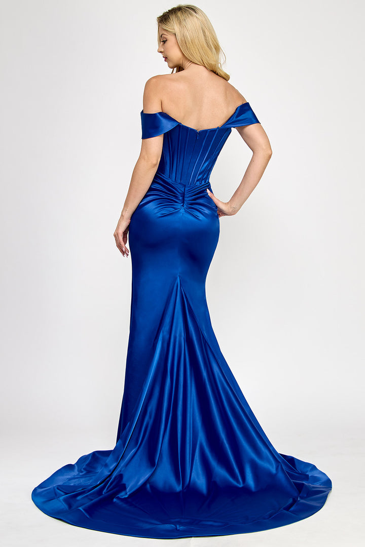 Sateen Off Shoulder Corset Slit Gown by Lenovia 8359