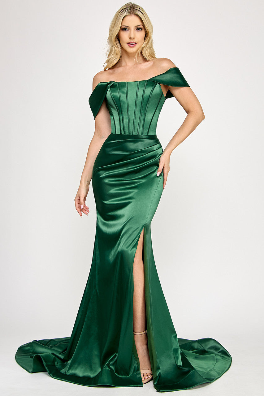 Sateen Off Shoulder Corset Slit Gown by Lenovia 8359