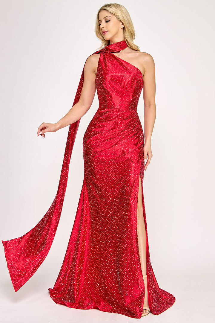 Beaded Fitted One Shoulder Slit Gown by Lenovia 8393