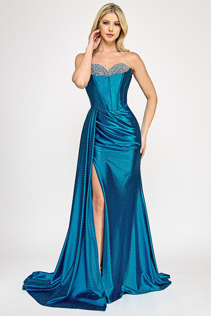Beaded Sateen Strapless Slit Gown by Lenovia 8402
