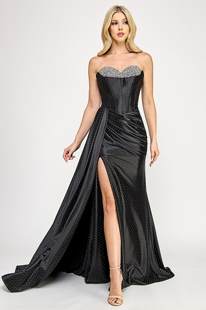 Beaded Sateen Strapless Slit Gown by Lenovia 8402