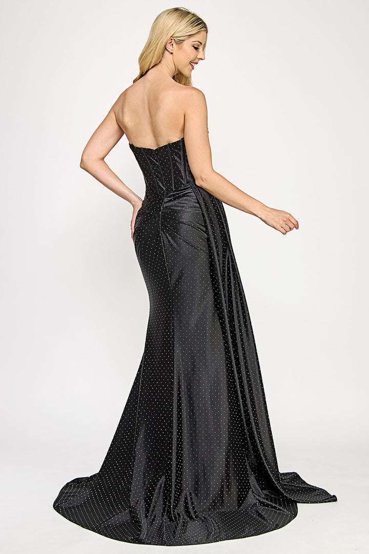 Beaded Sateen Strapless Slit Gown by Lenovia 8402