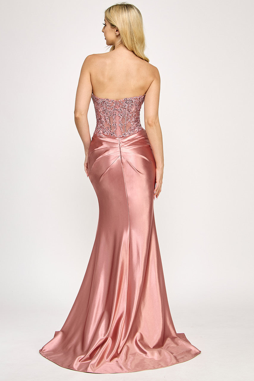 Applique Sateen Strapless Slit Gown by Lenovia 8396
