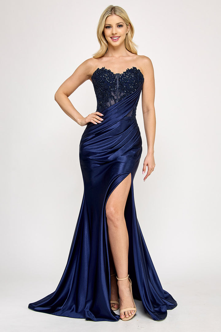 Applique Sateen Strapless Slit Gown by Lenovia 8396