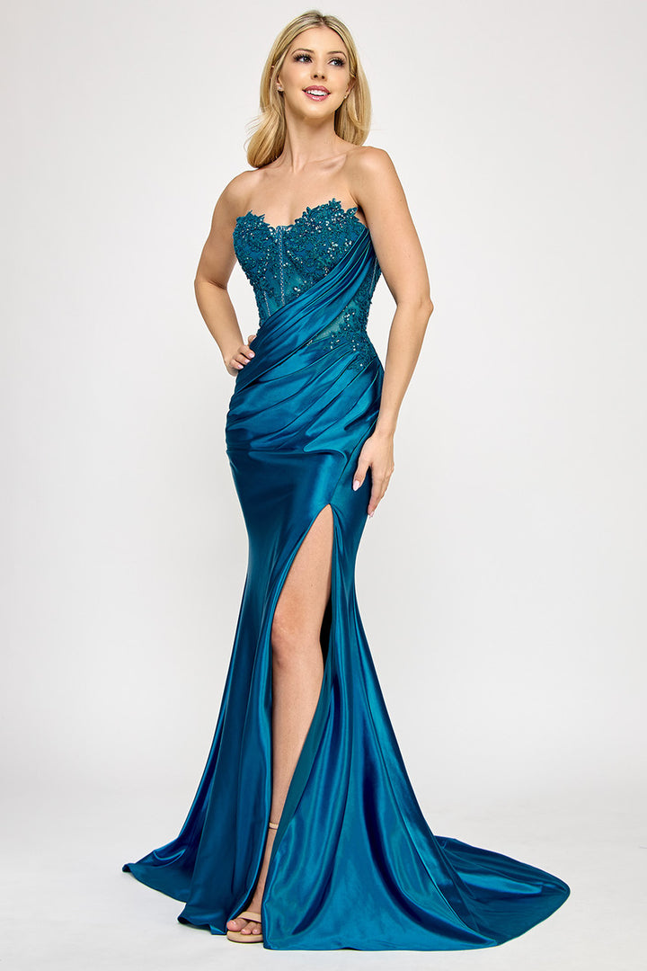 Applique Sateen Strapless Slit Gown by Lenovia 8396