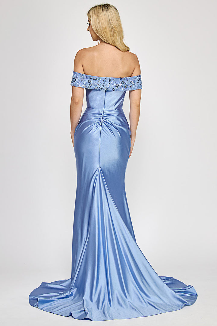 Embroidered Off Shoulder Slit Gown by Lenovia 8353