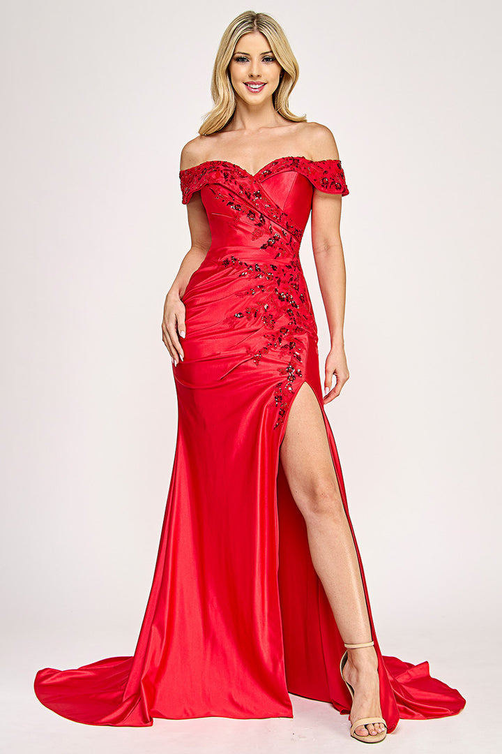 Embroidered Off Shoulder Slit Gown by Lenovia 8353