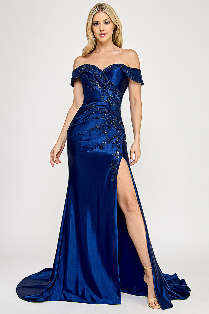 Embroidered Off Shoulder Slit Gown by Lenovia 8353