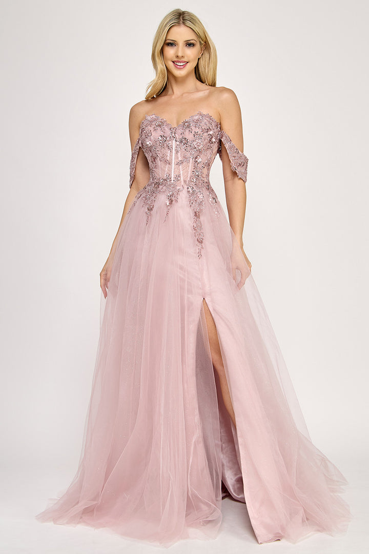 Applique Strapless A-line Slit Gown by Lenovia 8399