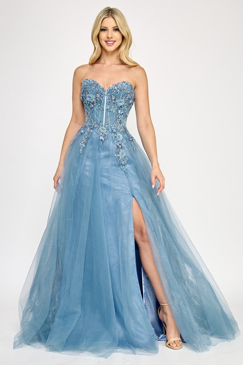 Applique Strapless A-line Slit Gown by Lenovia 8399