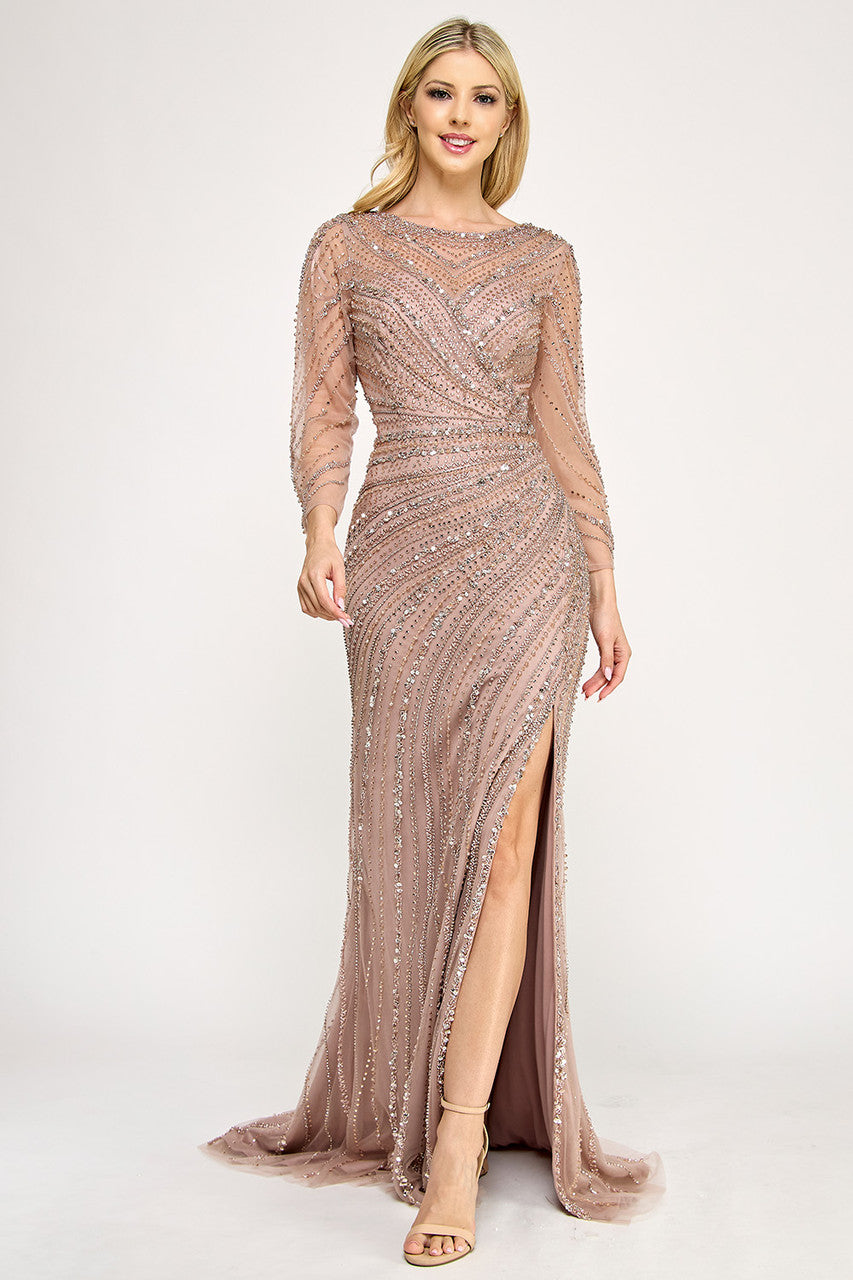 Beaded Long Sleeve Slit Gown by Lenovia 8383