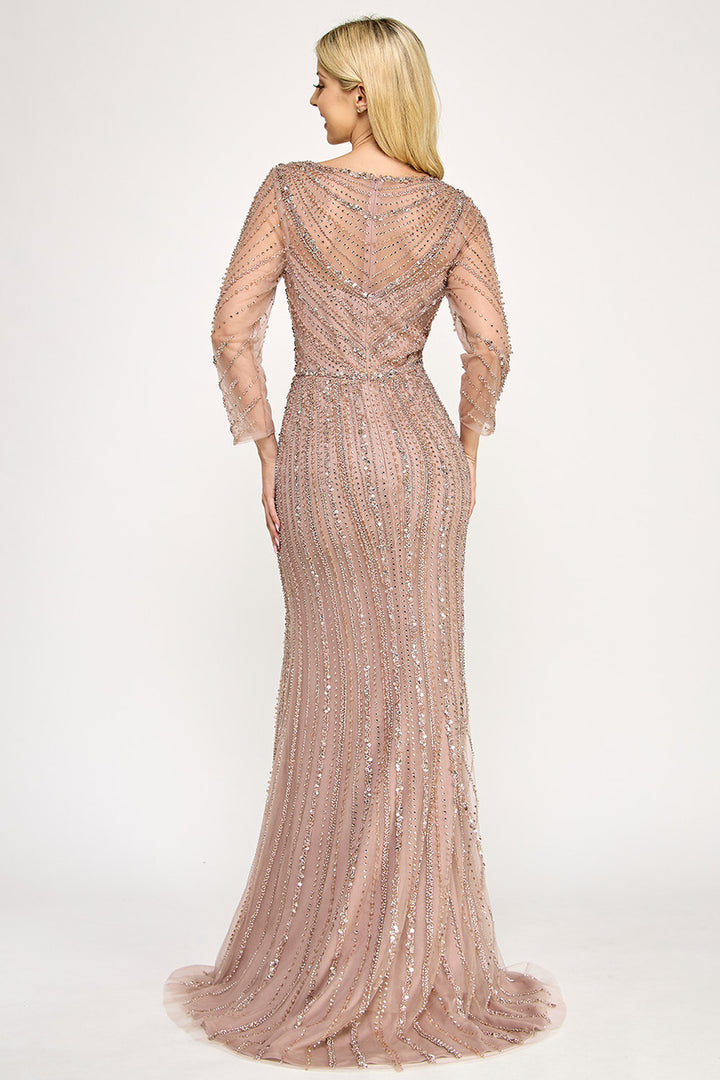 Beaded Long Sleeve Slit Gown by Lenovia 8383