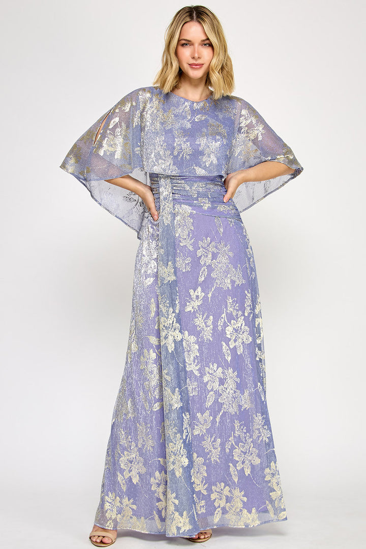 Metallic Print Fitted Cape Gown by Lenovia 5330