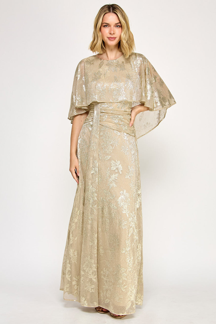 Metallic Print Fitted Cape Gown by Lenovia 5330