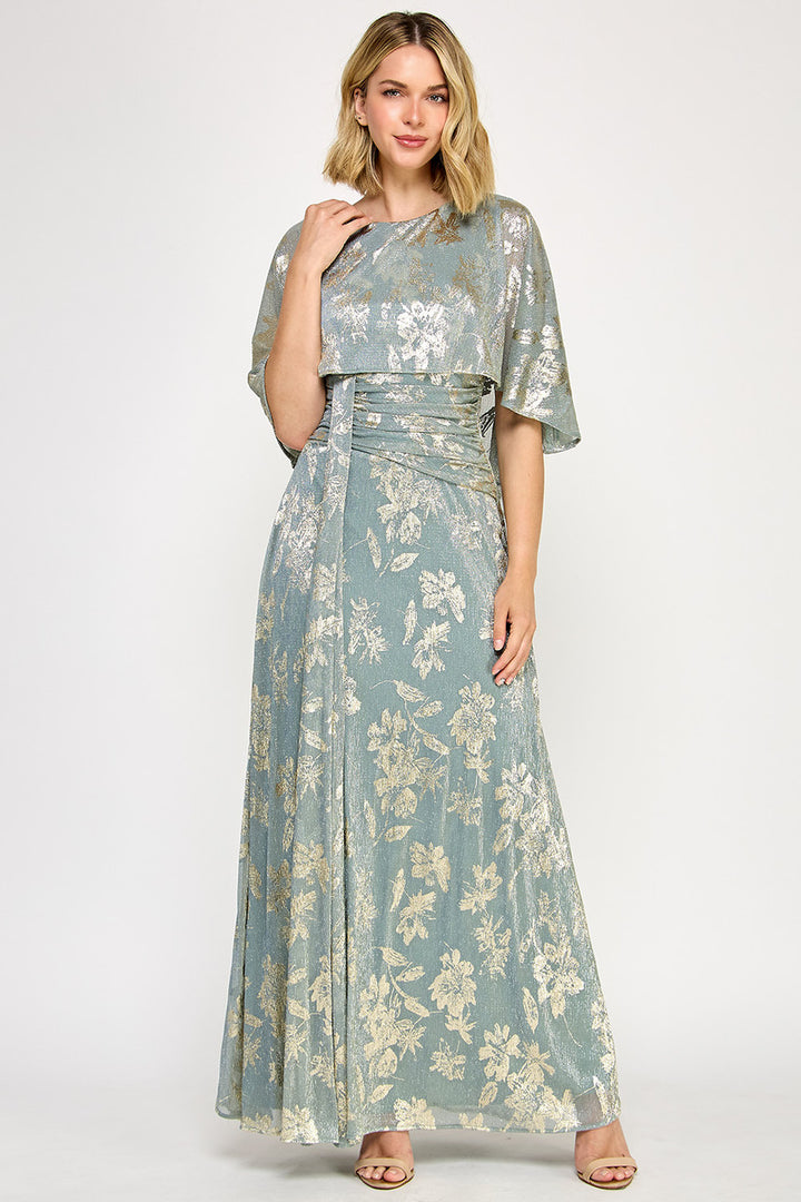 Metallic Print Fitted Cape Gown by Lenovia 5330