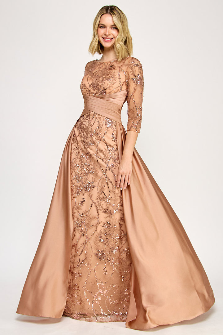 Embroidered 3/4 Sleeve Overskirt Gown by Lenovia 8355 - Outlet
