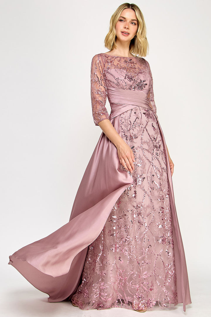 Embroidered 3/4 Sleeve Overskirt Gown by Lenovia 8355