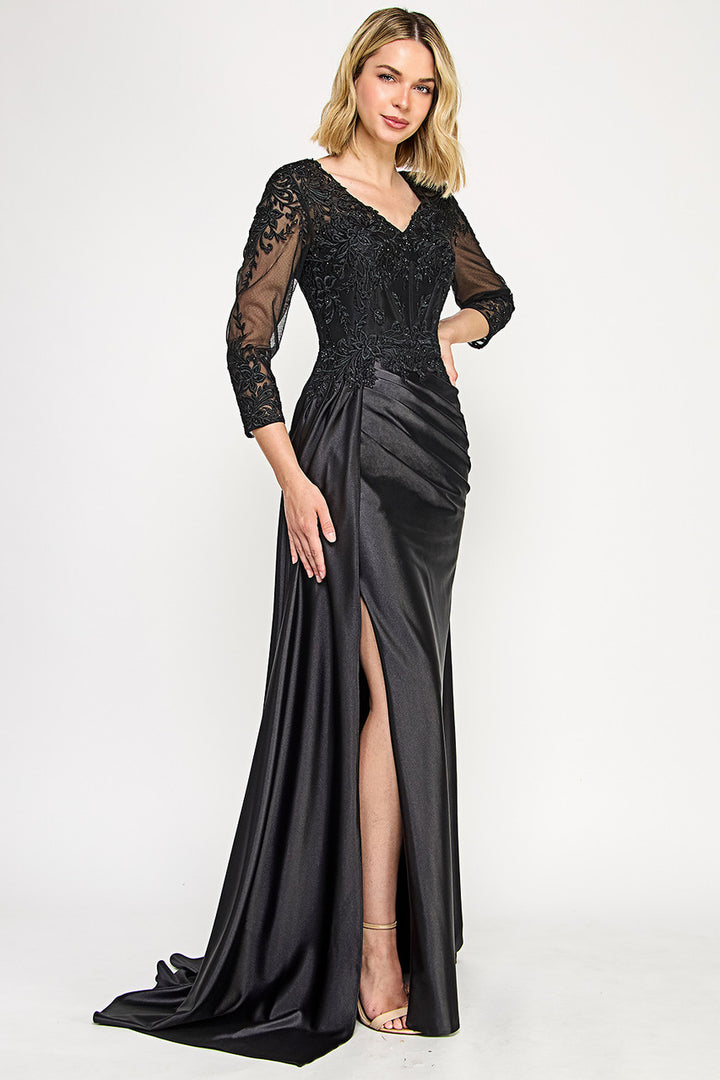 Applique Satin 3/4 Sleeve Slit Gown by Lenovia 8366