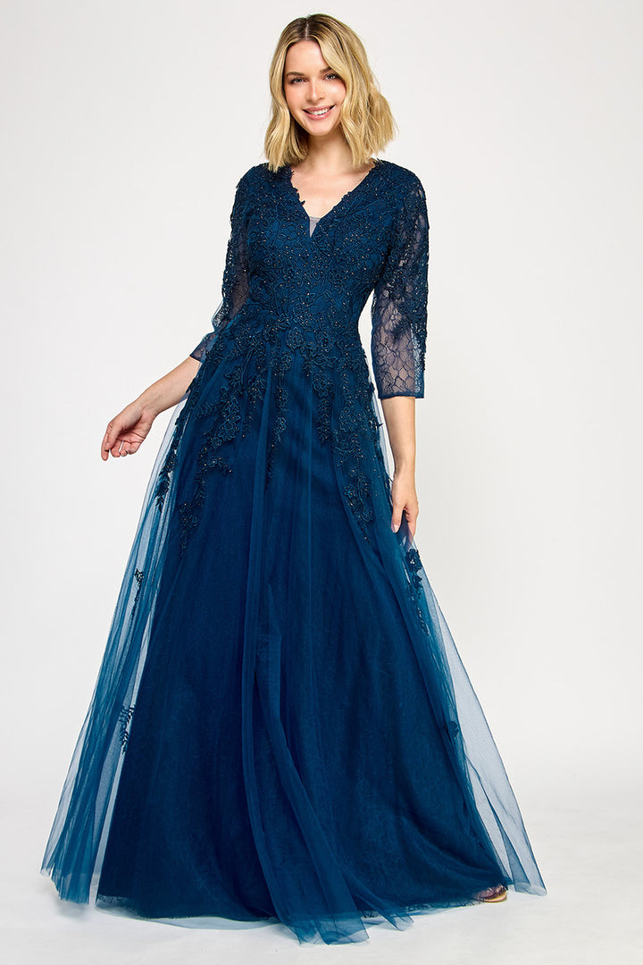 Embroidered Lace 3/4 Sleeve Gown by Lenovia 8370