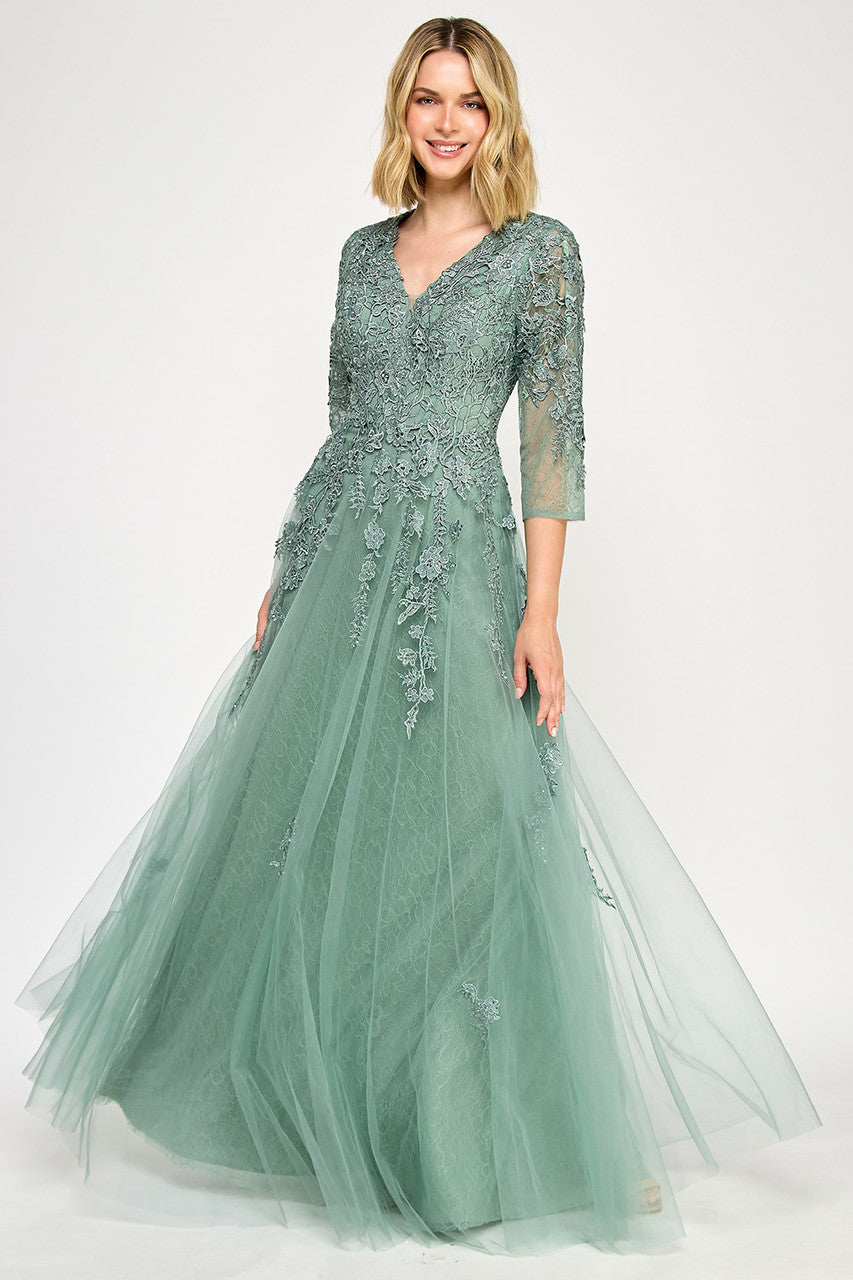 Embroidered Lace 3/4 Sleeve Gown by Lenovia 8370