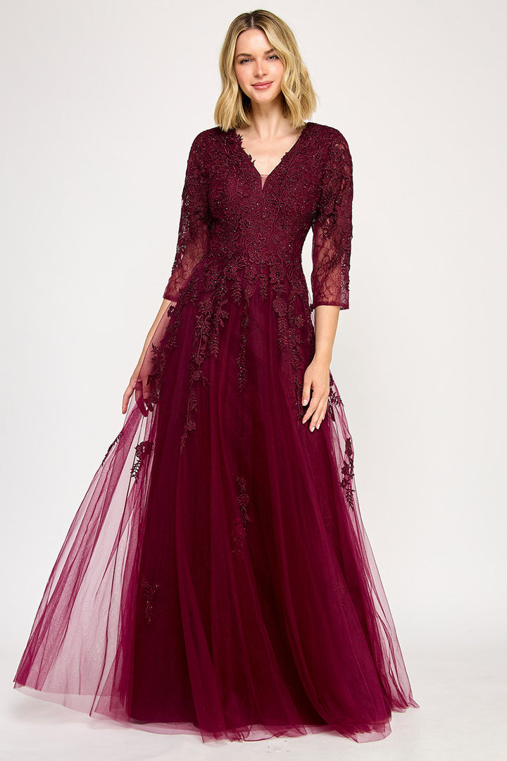 Embroidered Lace 3/4 Sleeve Gown by Lenovia 8370