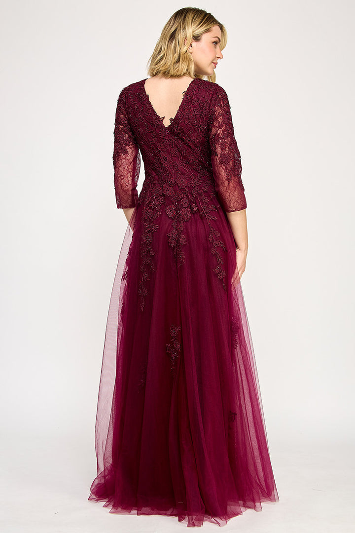 Embroidered Lace 3/4 Sleeve Gown by Lenovia 8370