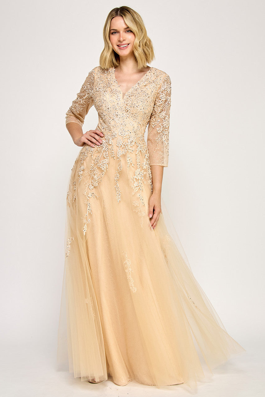 Embroidered Lace 3/4 Sleeve Gown by Lenovia 8370