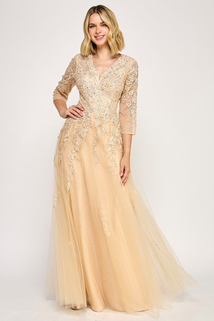 Embroidered Lace 3/4 Sleeve Gown by Lenovia 8370