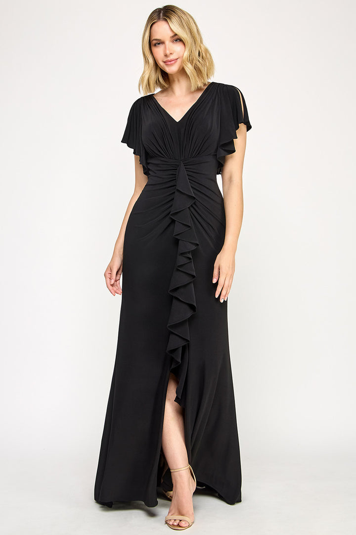 Ruffled Short Sleeve Slit Gown by Lenovia 8376