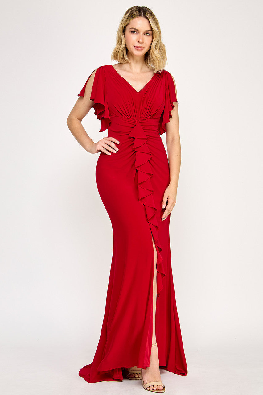 Ruffled Short Sleeve Drape Stretch Knit Dress 8376 by Lenovia Red / S Ruffled Short Sleeve Drape Stretch Knit Dress 8376 by Lenovia Red / S