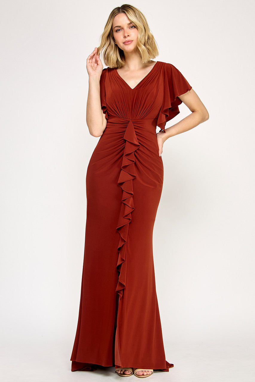 Ruffled Short Sleeve Slit Gown by Lenovia 8376