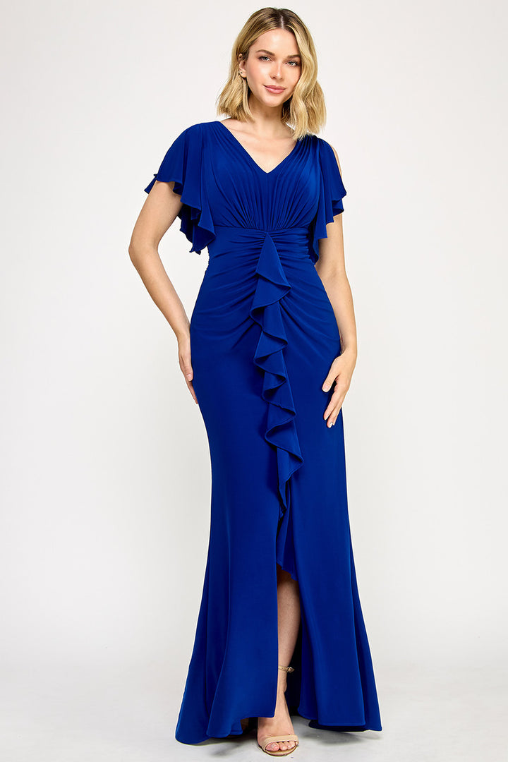 Ruffled Short Sleeve Slit Gown by Lenovia 8376