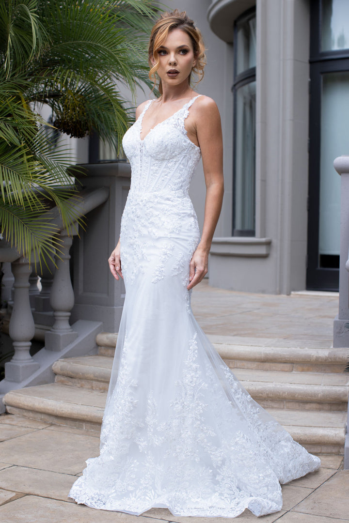 Applique Fitted V-Neck Gown by Lenovia 8460