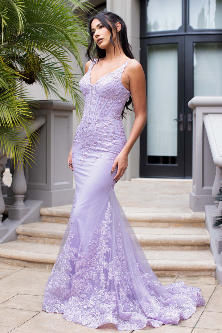 Applique Fitted V-Neck Gown by Lenovia 8460