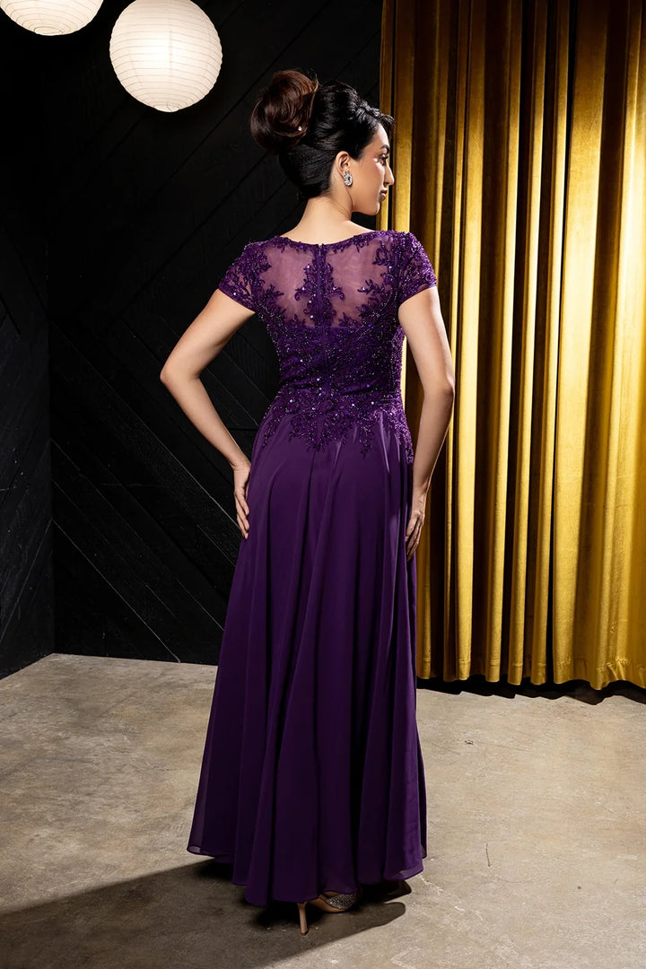 Applique Short Sleeve A-line Gown by May Queen MQ2239