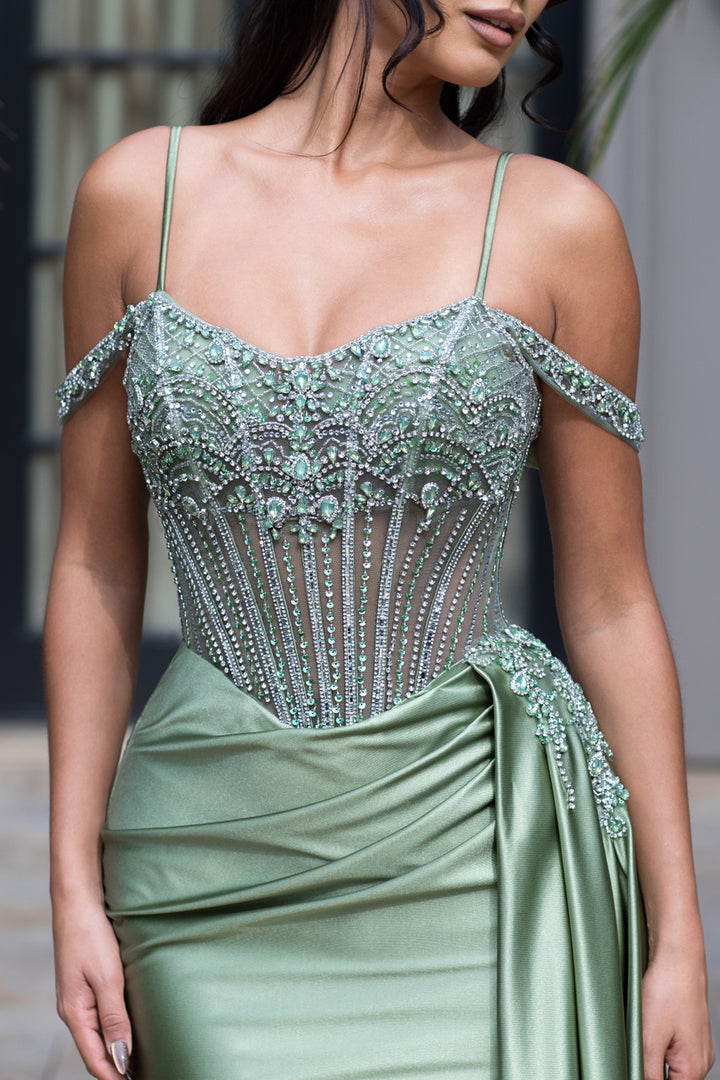 Beaded Sateen Cold Shoulder Slit Gown by Lenovia 8438