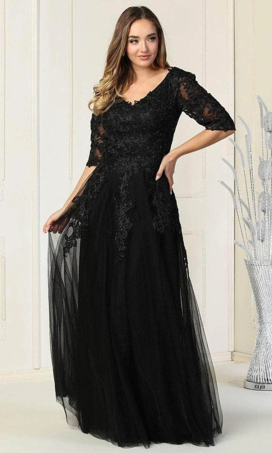 Applique Mid-Sleeve A-line Gown by May Queen MQ1859