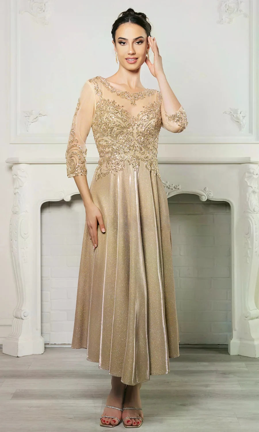 3/4 Sleeve Tea Length Dress by May Queen MQ2124