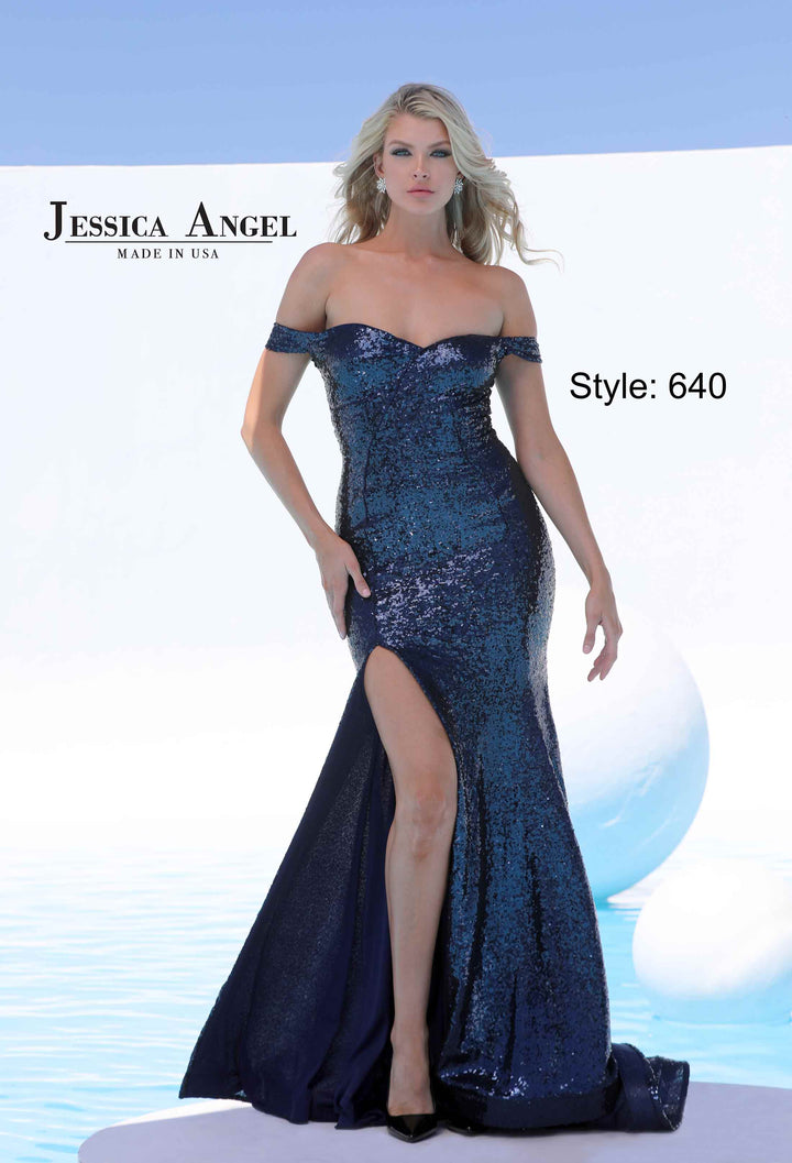 Sequin Off Shoulder Slit Gown by Jessica Angel 640