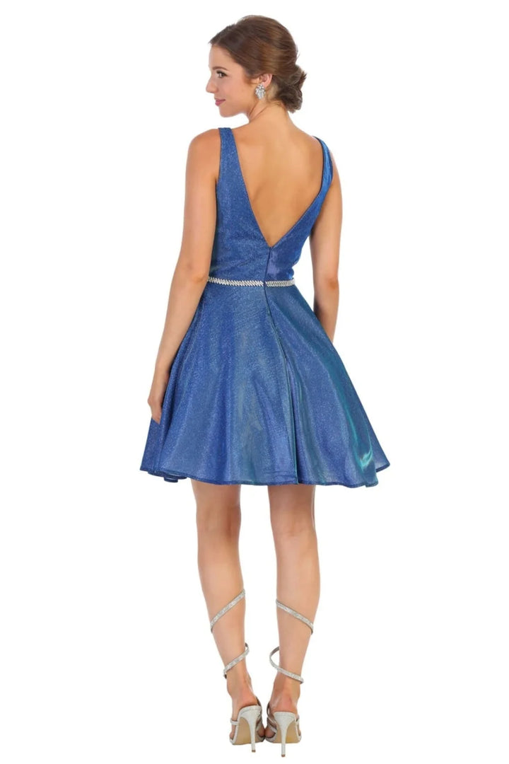 Glitter Short V-Neck A-line Dress by May Queen MQ1777