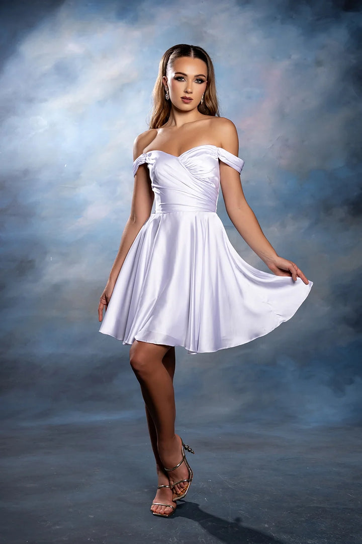 Satin Short Off Shoulder Dress by May Queen MQ2245