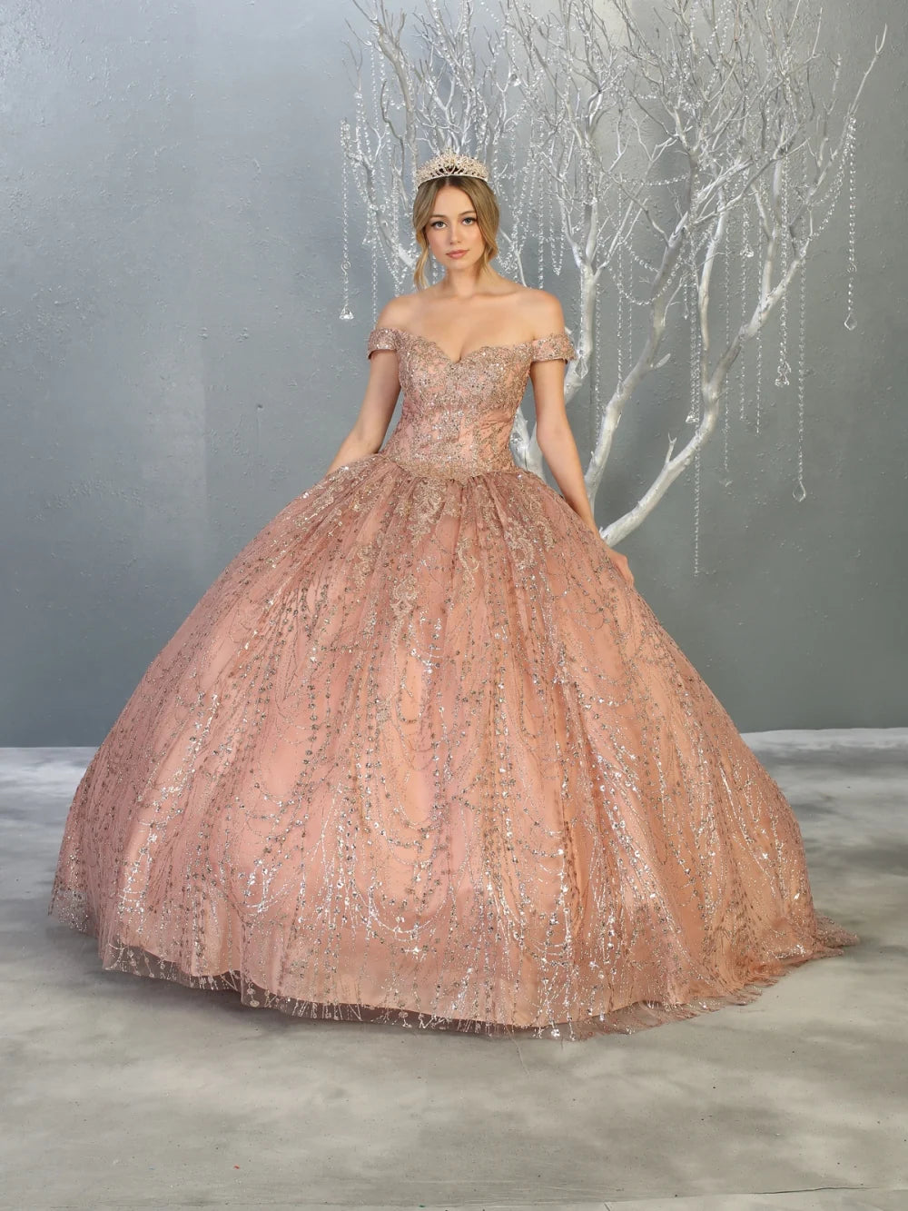 Glitter Off Shoulder Ball Gown by May Queen LK153